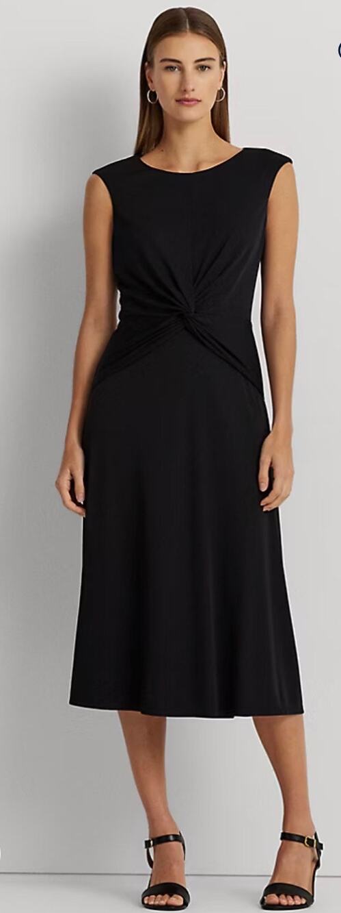 Ralph Lauren Dress Twist Front Jersey Knit Cap Sleeves Sheath Black 10 Classic